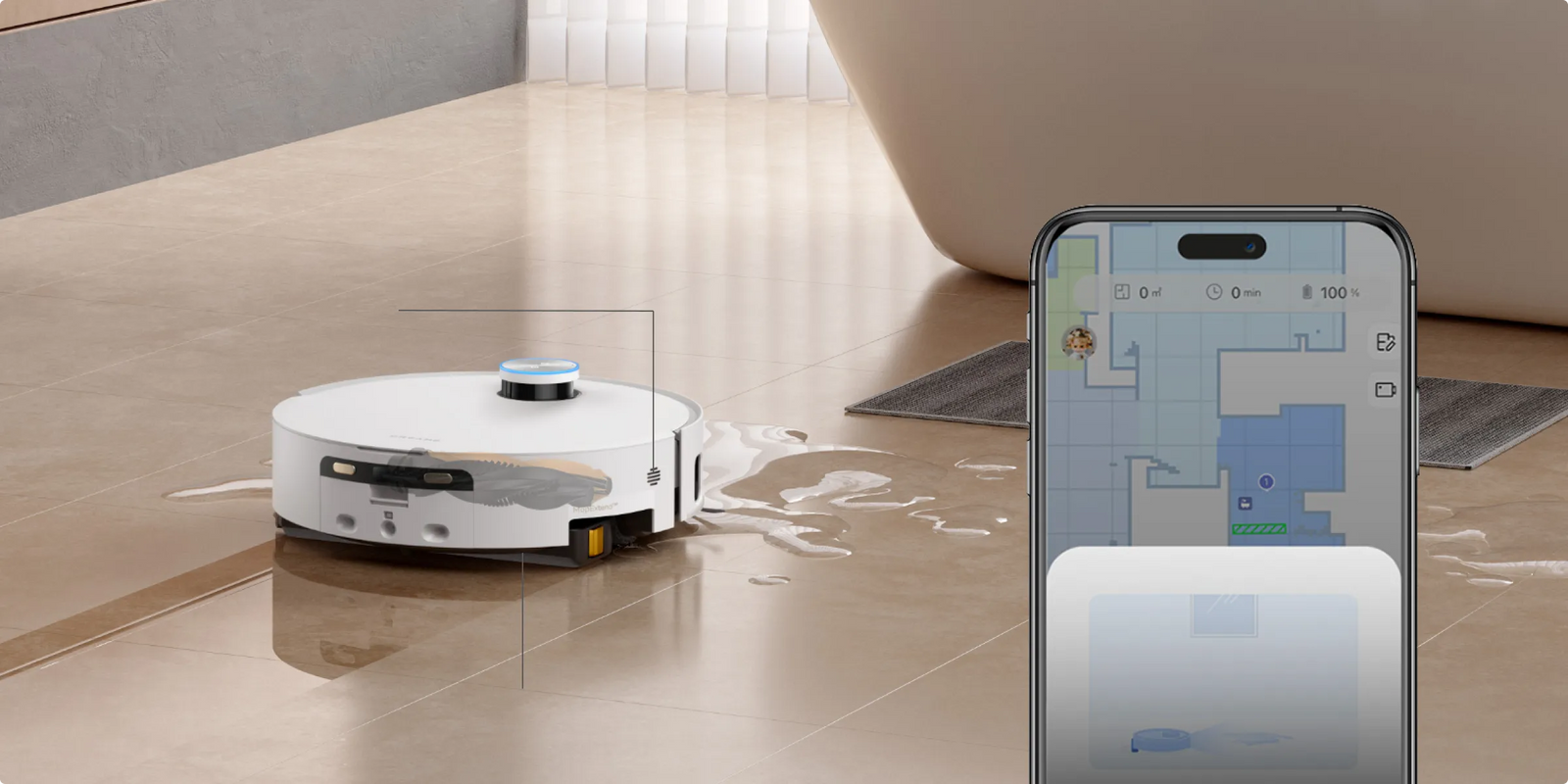 Dreame Aqua10 Ultra Track Complete wischt starke Wasserflecken trocken mit angehobenen Bürsten und abgesenktem Track Mop per App oder Sprache