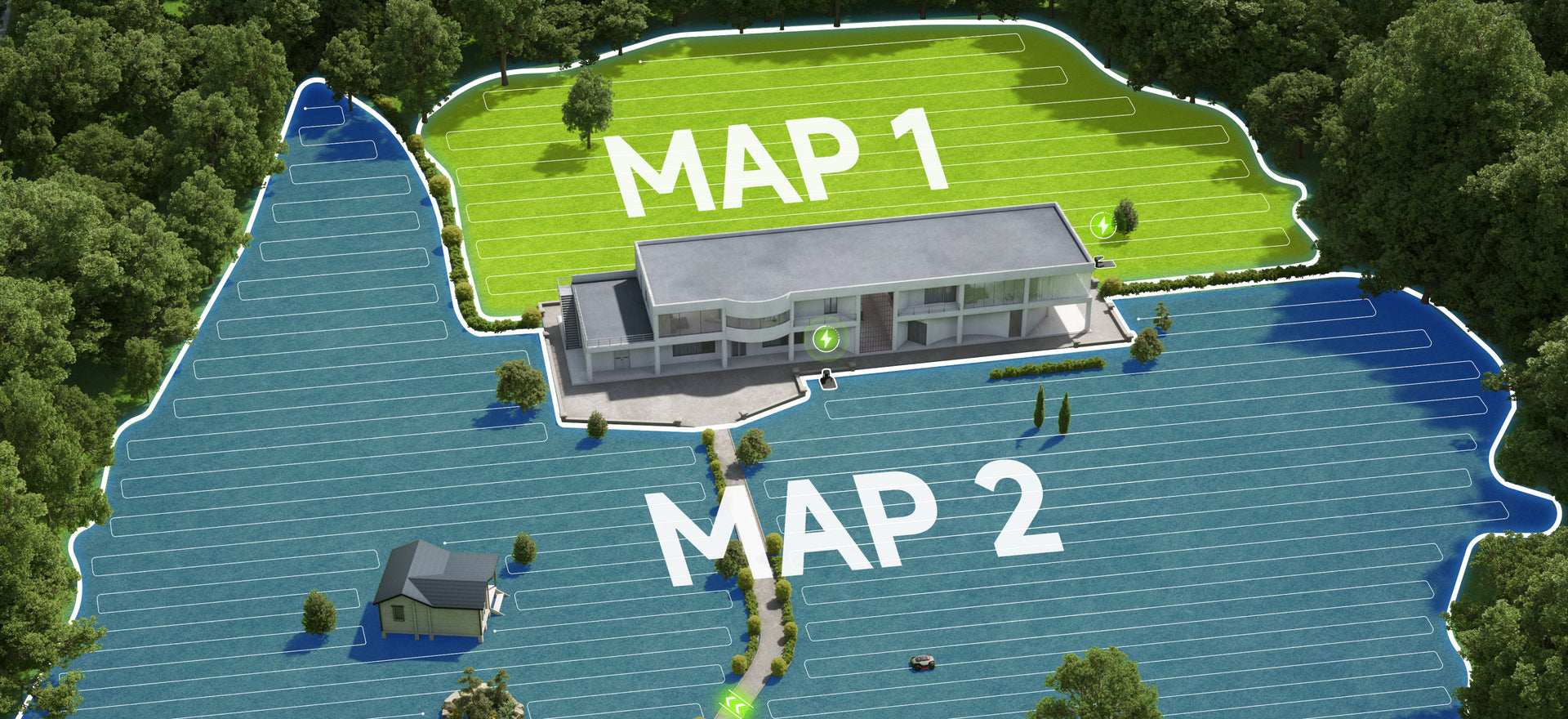 Zwei Rasenflächen, ein Mäher