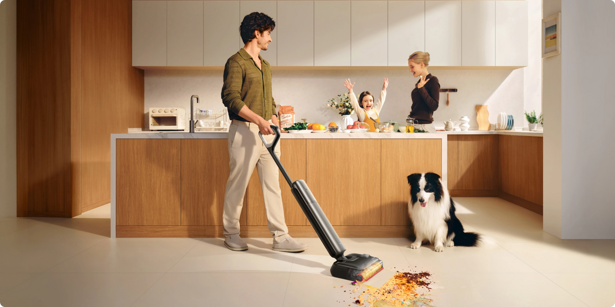 Family cleaning a kitchen floor with T16 Pro Heat